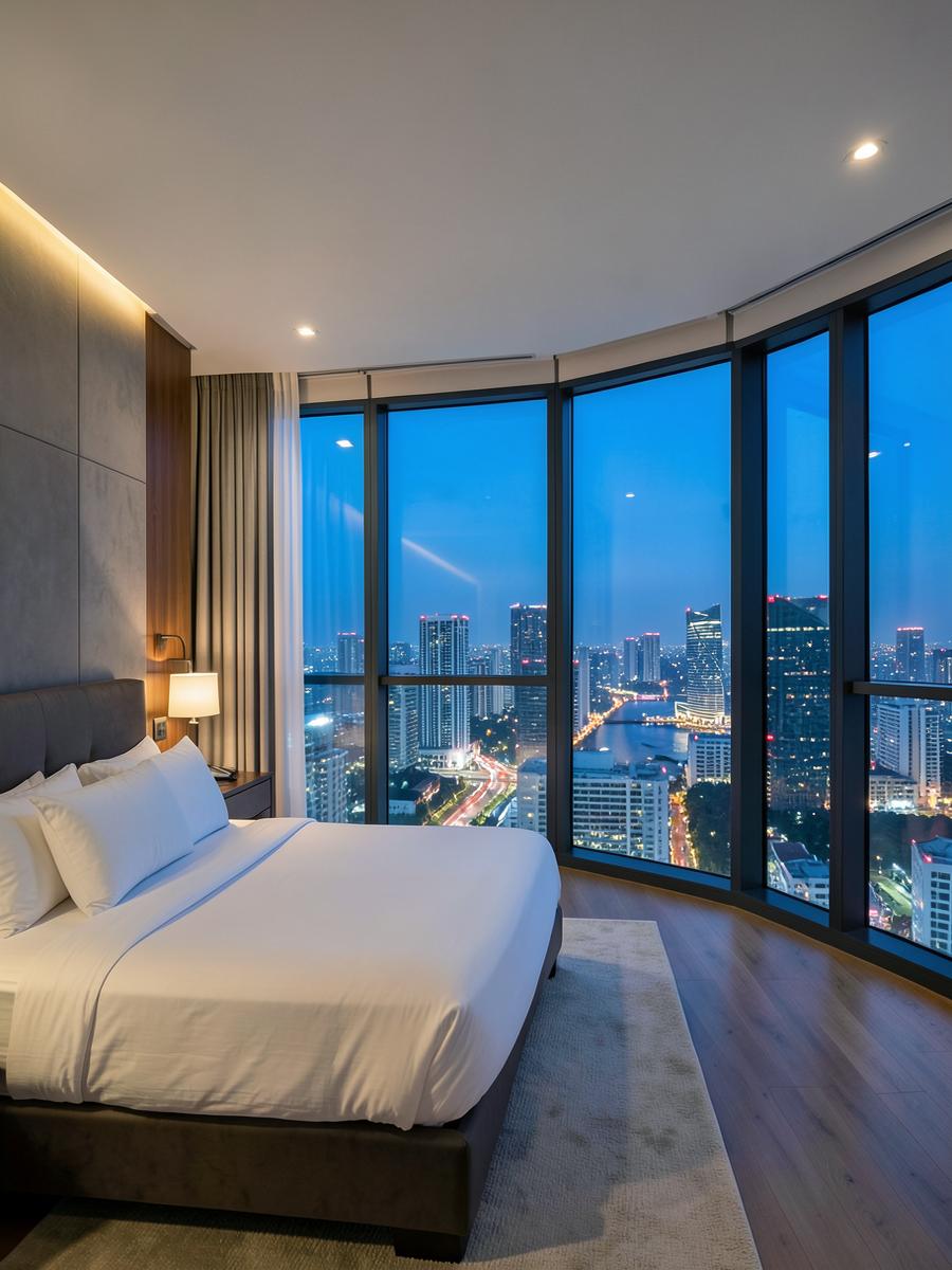 Hotel suite overlooking a city